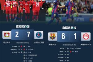 残暴?去年欧冠4强今夜全大胜，巴黎7-2；巴萨6-2；枪手国米4-0