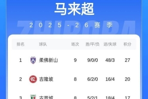 今晚战申花?柔佛新山在马来超一骑绝尘,9轮全胜+进48球丢3球