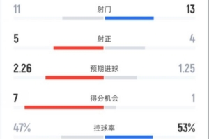 纽卡2-2切尔西全场数据：射门11-13，射正5-4，控球率47%-53%