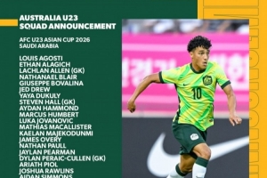与U23国足同组!澳大利亚U23亚洲杯名单:在曼联青训的奥弗利领衔