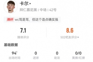 卡尔本场数据：1造点+3抢断+9过人4成功 22丢失球权+19对抗9成功